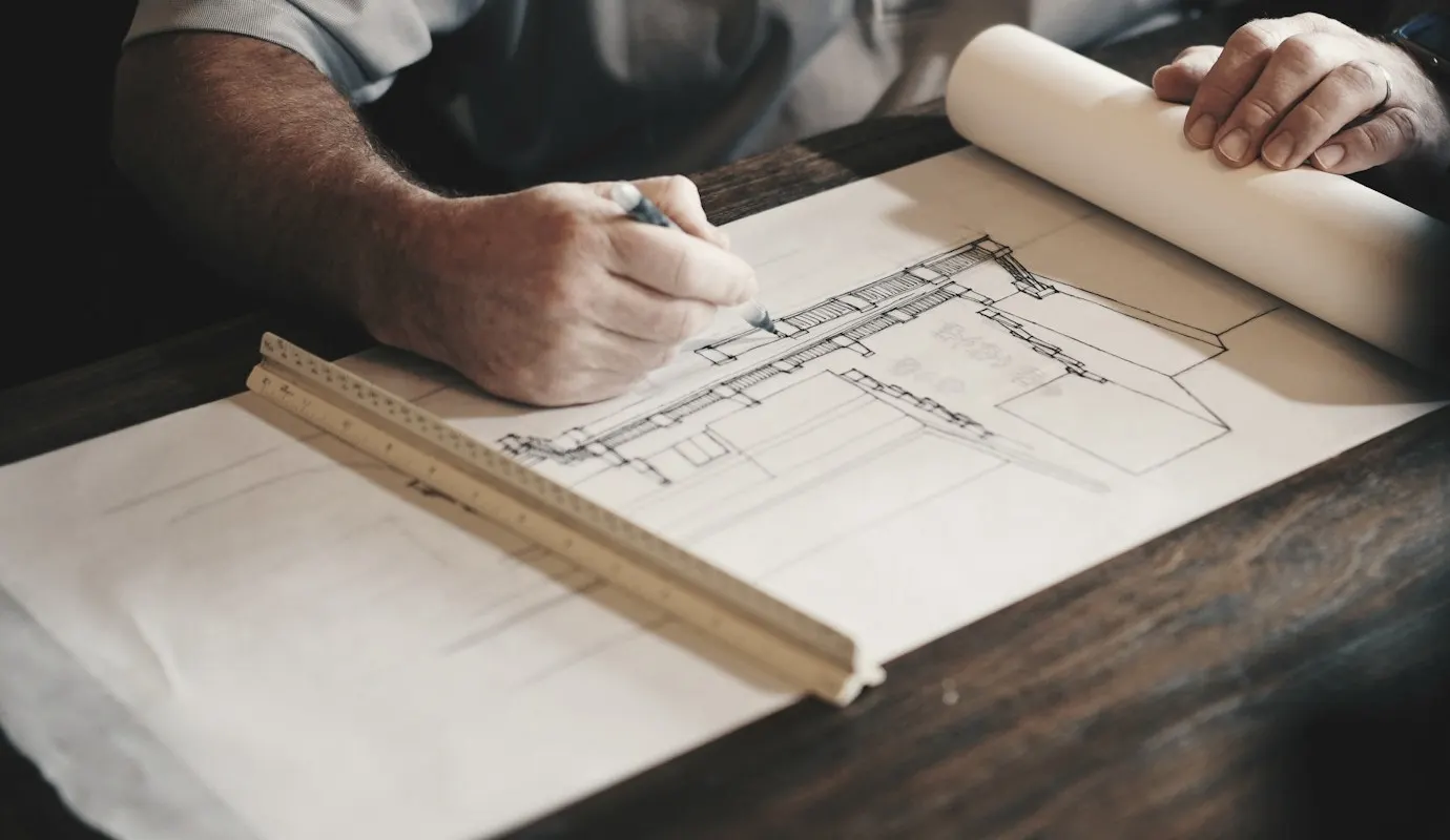 Hands marking a building plan beside a folding ruler on a wooden desk